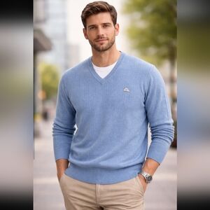 Monte Carlo Collection Blue V-Neck Sweater Mens L Ribbed Knit Lamb's Wool Preppy
